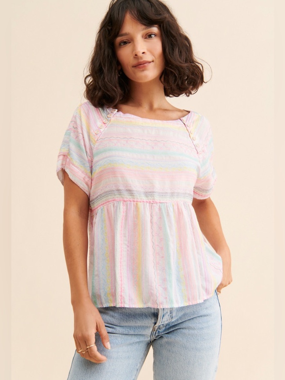 Anthropologie Letty Embroidered Pastel Multicolor Short Sleeve Babydoll Top